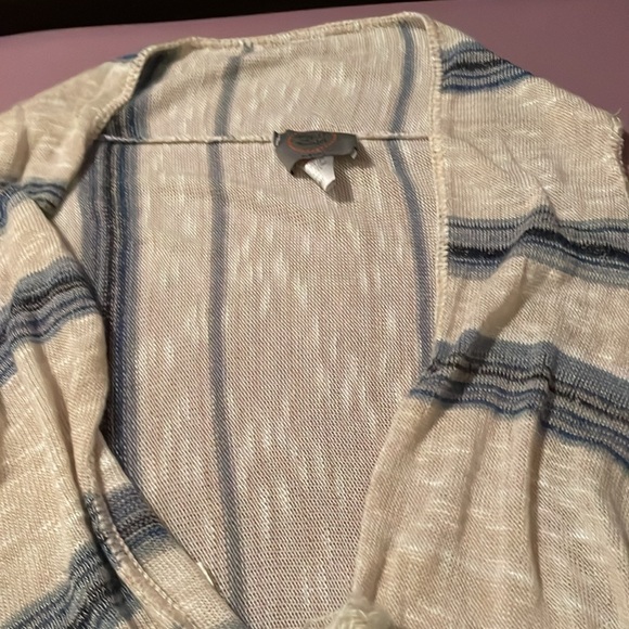 WOMANS SWEET & SINFUL SIZE XL SLEEVELESS CARDIGAN WITH FRAYS BLUE AND TAN - Picture 2 of 6